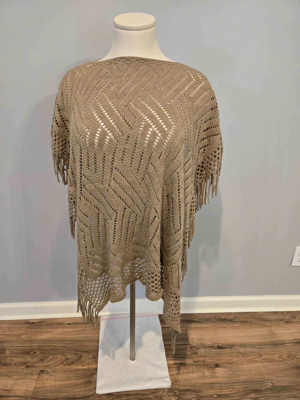Boutique Crocheted Fringe Poncho in Taupe